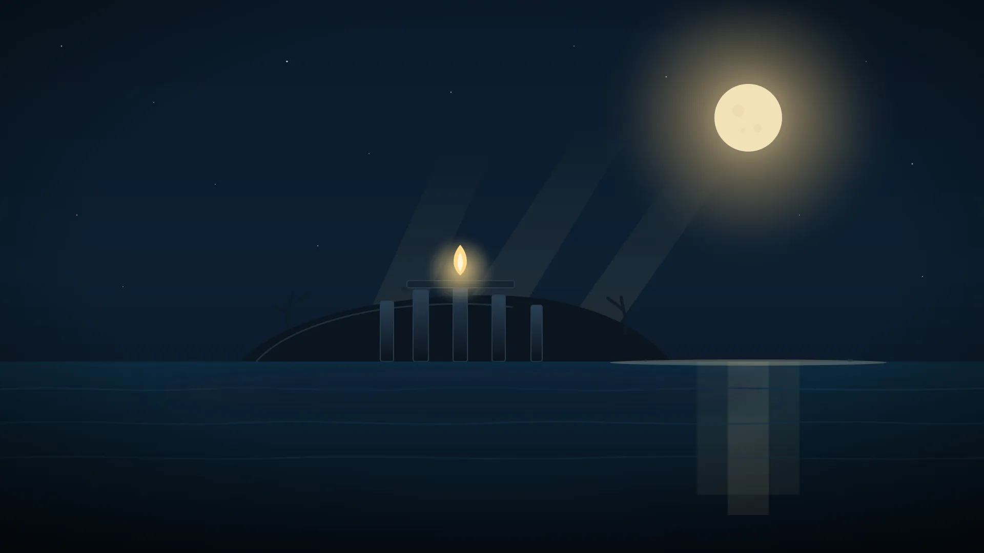 La isla ancestral bajo un cielo iluminado por la luna, ruinas recortadas contra el mar